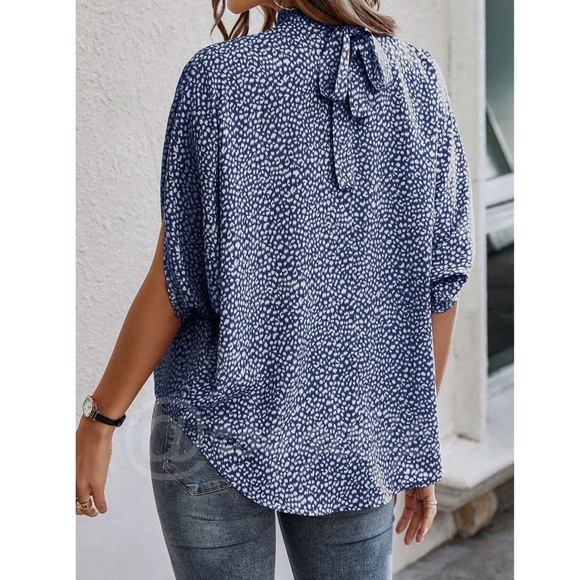 Multicolor, Spotty Dalmatian Print, Blue Casual Top, Blouse Stand Collar Shirt - Picture 5 of 12